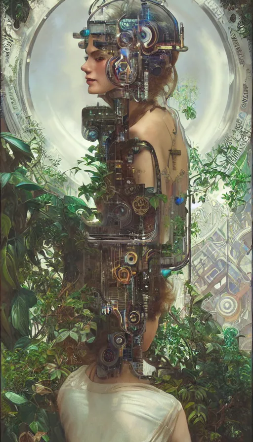 Image similar to hyper realistic time machine schematics, cyberpunk, design on white background, beautiful details, lush foliage, drawn by john singer sargent, tom bagshaw, norman rockwell, alphonso mucha, lolish, trending on artstation