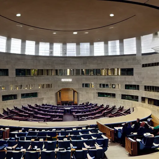 Prompt: the interior of the israeli parliament is outside in the middle of a building construction site, wide shot