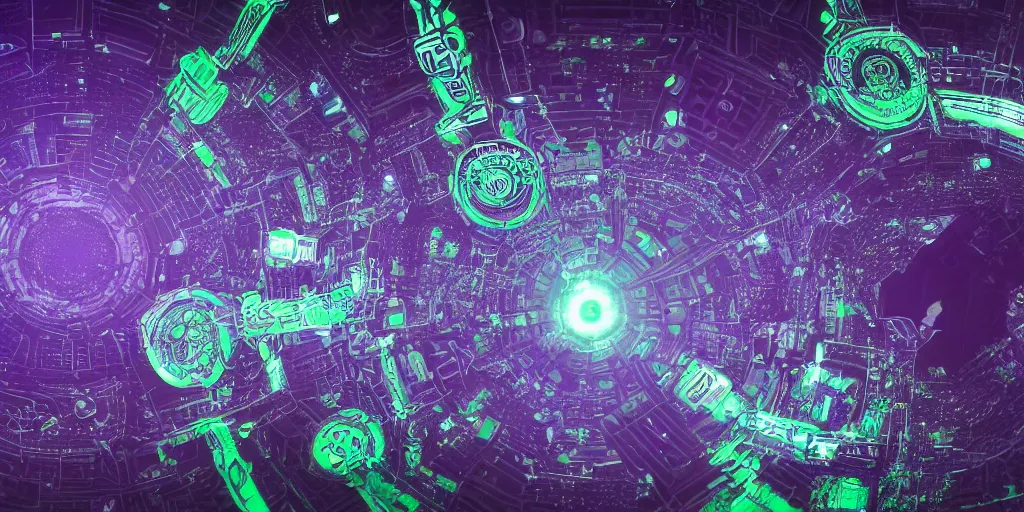 Prompt: looking from space at green sea and dark purple illusion tower in the back, ornate and intricate, by midge sinnaeve, 4 k, cyber punk style, glowing blue veins, purple glowing wires