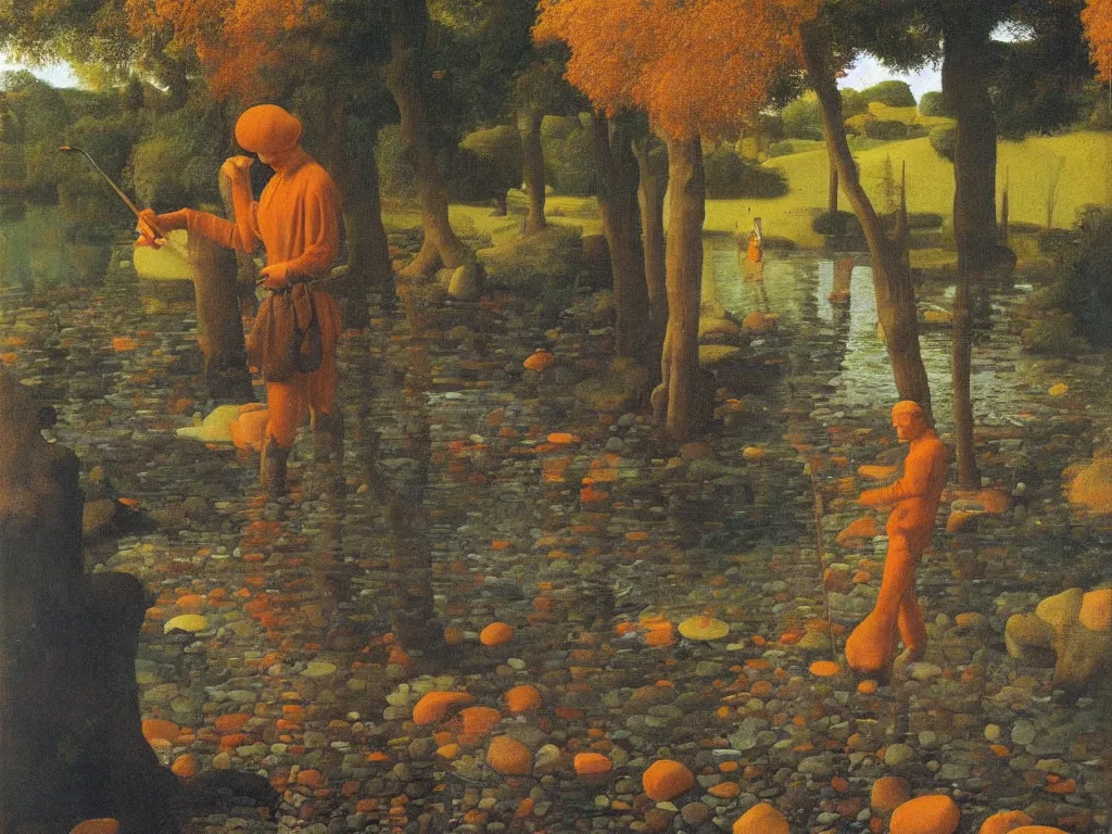 Image similar to Portrait of a young painter washing his brush in a river. Humanoid rocks, coral-like pebbles, autumn light. Painting by Jan van Eyck, Georges de la Tour, Rene Magritte, Jean Delville, Max Ernst