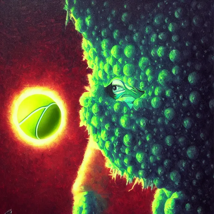 Image similar to cinematic portrait of a tennis ball monster in the abyss of space, oil on canvas, masterpiece, trending on artstation, featured on pixiv, cinematic composition, dramatic pose, beautiful lighting, sharp details, hyper-detailed, HD, HDR, 4K, 8K, art by Basil Gogos