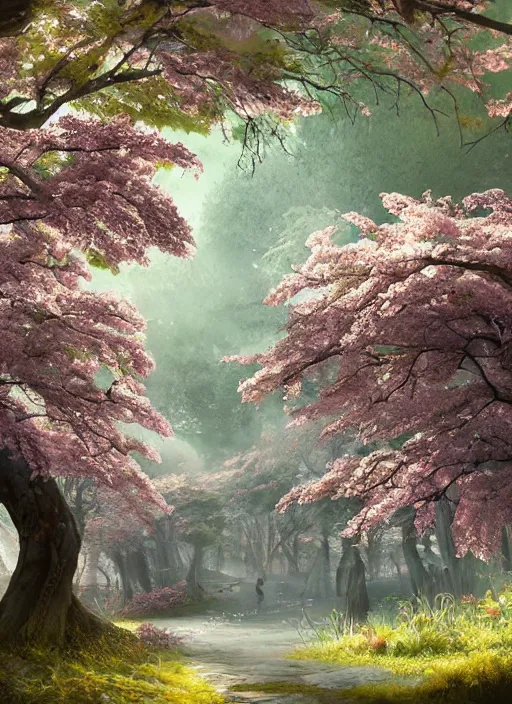 Prompt: sakura trees magical forest, fluent composition, concept art, ambient light, 4 k, intricate details, highly professionally detailed, cgsociety, highly detailed -