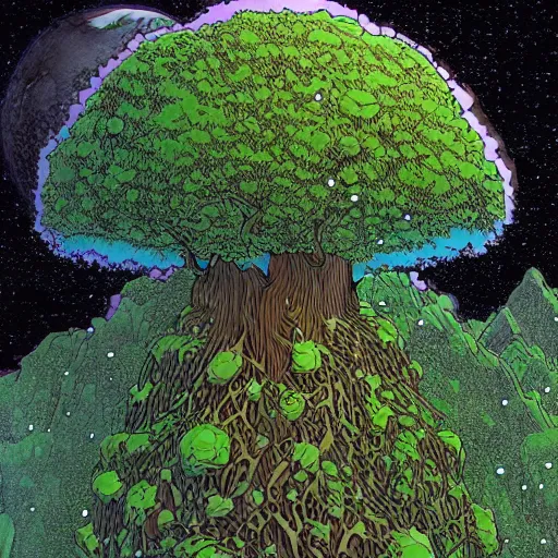 Image similar to a large tree growing from a large floating crystalline solid, by moebius