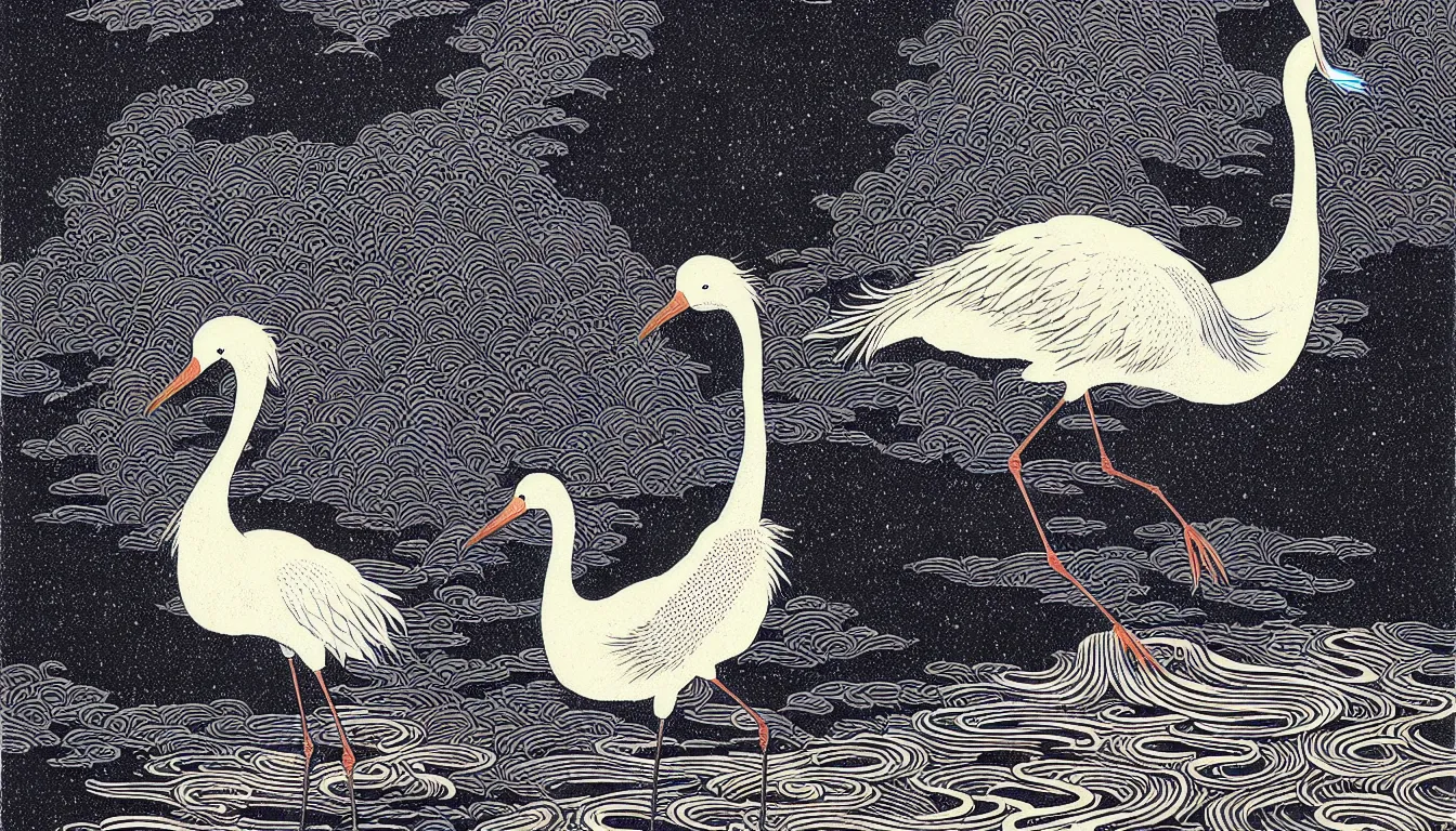 Prompt: japanese crane by woodblock print, nicolas delort, moebius, victo ngai, josan gonzalez, kilian eng