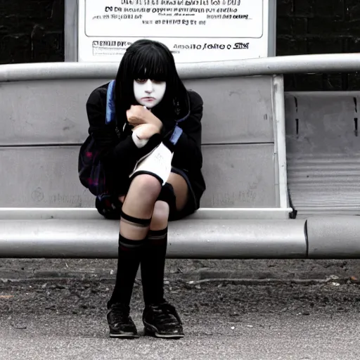 Prompt: An emo girl at a british bus stop in 2006