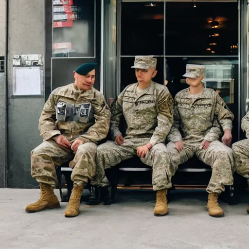 Image similar to a group of military solders sitting at the cafe and drinking coffee