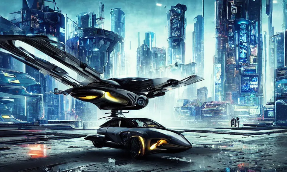 Image similar to cyberpunk, futurisric, flying, city, flying car, spaceship,