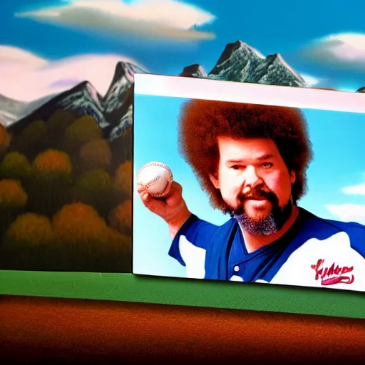 Image similar to a closeup photorealistic photograph of bob ross painting an image of kenny powers pitching a baseball on a canvas. mountains and trees. film still. brightly lit scene. this 4 k hd image is trending on artstation, featured on behance, well - rendered, extra crisp, features intricate detail, epic composition and the style of unreal engine.