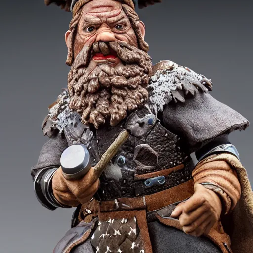 Image similar to high - res photograph of a claymation sculpture action figure warrior dwarf, highly detailed sculpey diorama, smooth, sharp foccus, commercial product photography,