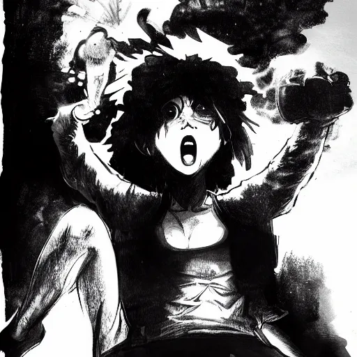 Image similar to scarlett johansson in a enraged drunken state, yelling at a teddy bear, afro samurai style, pencil and ink, greg rutkowski dynamic wide angle lens, dramatic lighting,