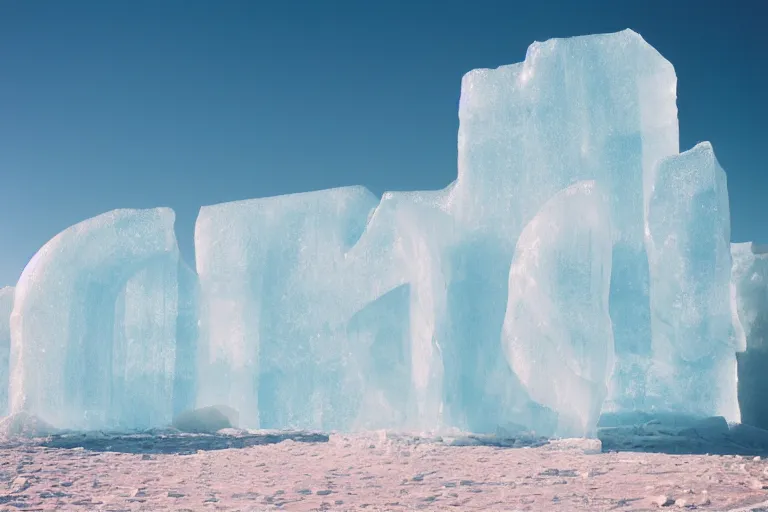 Prompt: cinestill of a huge backlit ice sculpture in the sahara desert