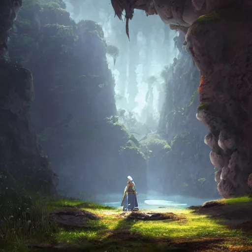 Prompt: beautiful painting of Entrance to a dungeon at the base of an ancient mountain in the morning light, in the middle of image a knight, in the style of Studio Ghibli, by Hayao Miyazaki. Octane Render, Unreal Engine, PBR, realistic lightning