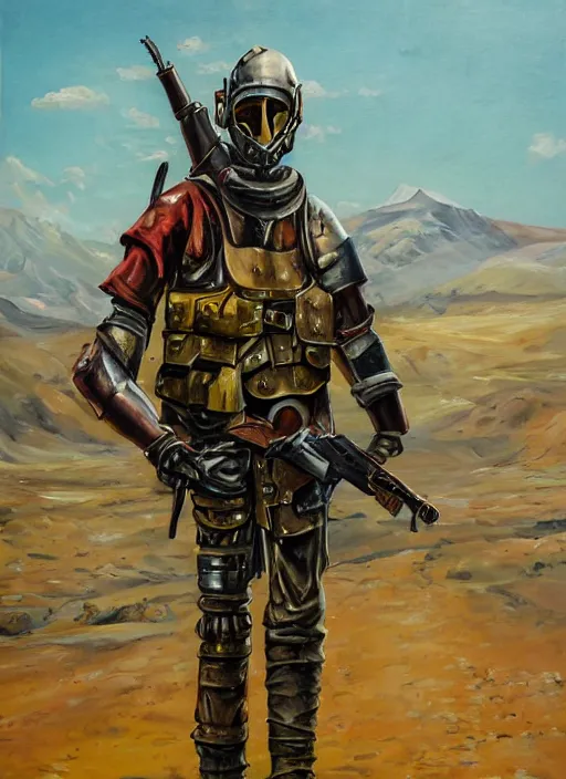 Prompt: a detailed painting of a man in post apocalyptic home made armour and a helmet holding a modified shotgun walking around a wasteland with a blue sky. hd. 1 9 5 0 s oil painting style.