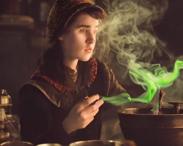 Prompt: close up portrait, dramatic lighting, concentration, calm confident teen witch and her cat mixing a spell in a cauldron, a little smoke fills the air, a witch hat and cape, a little green smoke is coming out of the cauldron, ingredients on the table, apothecary shelves in the background, still from harry potter