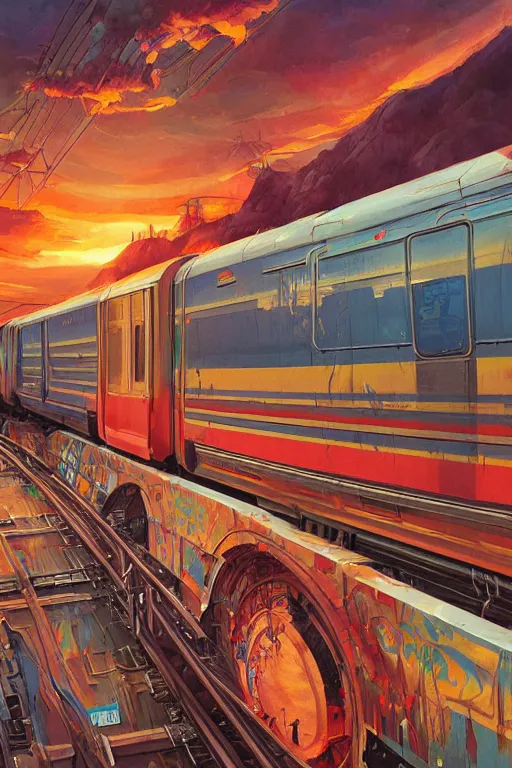 Image similar to trains covered in dripping graffiti paint, by hiroshi yoshida and moebius and loish and artgerm, painterly, symmetrical, ultra detailed, hyper realistic, illustration, sunset lighting