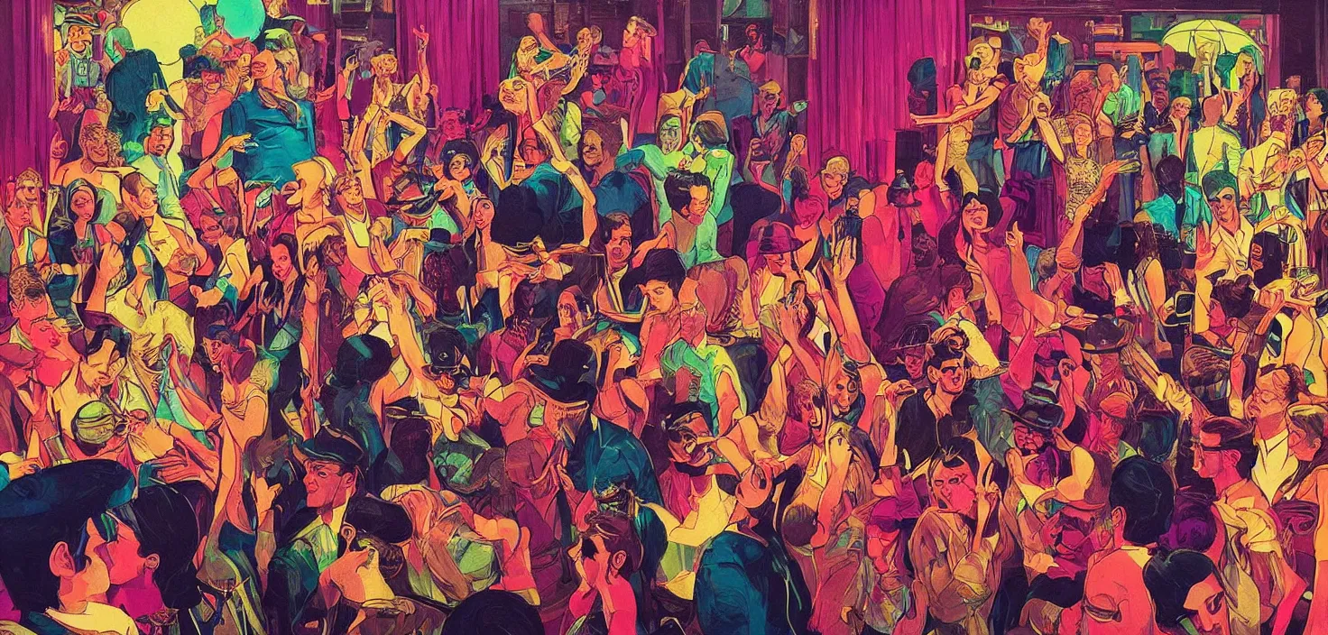 Prompt: a transparent glass portrait of a wonderful disco party filled with great music and lovely memories of a night we will never forget, risograph by ernie barnes, moebius and edward hopper, colorful flat surreal design, colorful flat surreal design, super detailed, a lot of tiny details, fullshot, xray hd, 8 k, artstation
