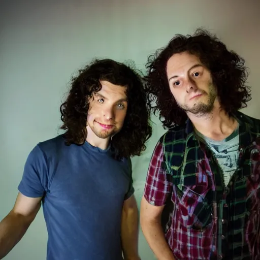 Image similar to a photo of dan avidan and arin hanson in the backrooms, horror, hd, 4 k, soft vignette