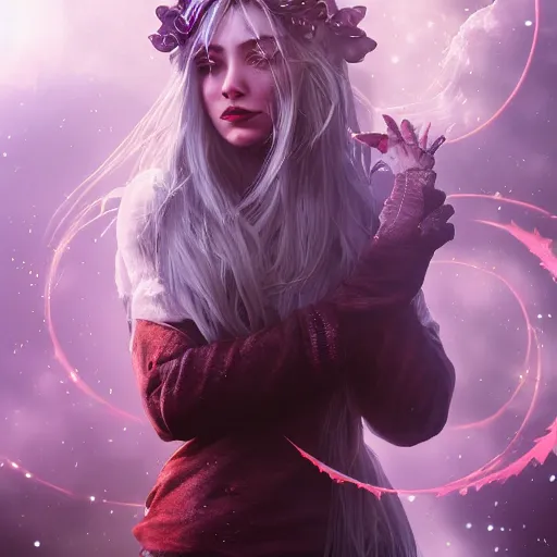 Prompt: a beautiful female bloodmoon witch character, character is in all its glory, character is in her natural relaxed pose, full body shot, rim lights, particles and dust in the air, fancy clouds, highly detailed professional photo, dynamic lights, particles are flying, depth of field, trending on artstation, professional illustration, hyper realistic, vray caustics, super detailed, colorful accents, cinematic shot