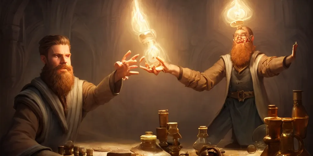 Image similar to a handsome bearded white male sorcerer with brown hair he is casting a spell from his hands, he is in a alchemist workshop filled with beakers and equipment, neutral pose, sharp focus, waist up, 4 k, by greg rutkowski, rudy siswanto and anna podedworna