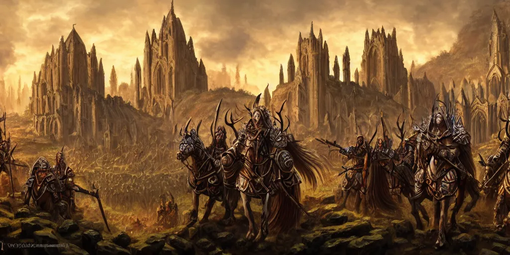 Image similar to highly detailed portrait painting of an ancient elves on hell horses war battle, abbey warhammer battle, old abbey in the background, carhedrals, giant columns, by eddie mendoza and tyler edlin, 8 k resolution