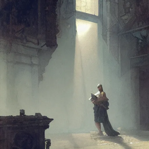 Image similar to half portait of magican wearing a closed cowl and big old book! chained to the wrist, jeremy mann, jean - leon gerome, tiepolo, alphonse mucha, greg rutkowski, face in the shadows, ( ( ruins of ancient rome ) ), at dusk, mysterious atmosphere, sunrays, dof, high detailed, 8 k