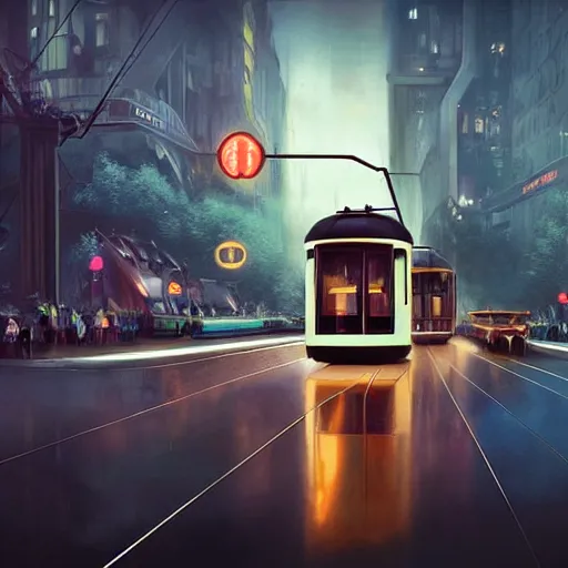 Prompt: a retro futuristic tram driving trough futuristic zurich, long shot, lumnious, magical, atmospheric, urban concept art, backlighting, by greg rutkowski *, martin mottet, maya takamura, and william turner