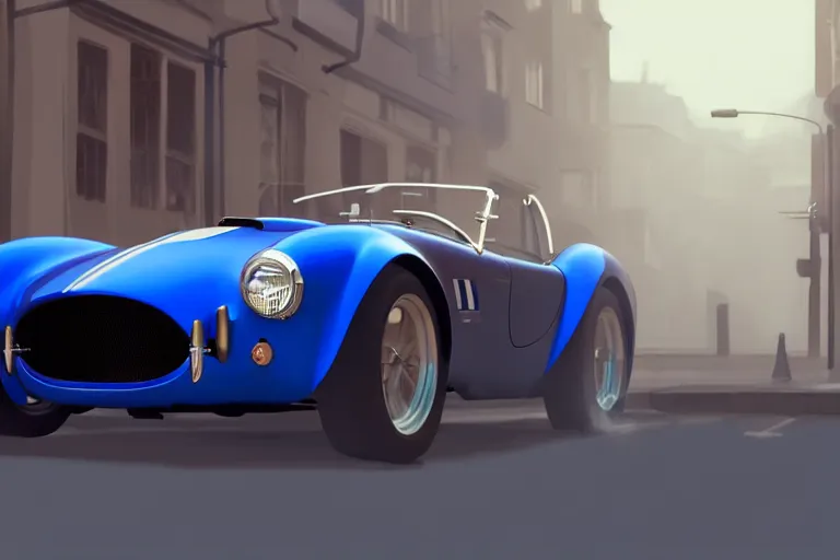 Prompt: a wholesome animation key shot of!! one!! focused!! ac cobra!!, shiny deep blue with white stripe, in a misty london street, wide shot, studio ghibli, pixar and disney animation, sharp, very detailed, high resolution, rendered in unreal engine 5, anime key art by greg rutkowski, bloom, dramatic lighting