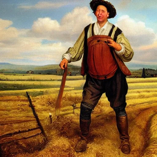 Image similar to david cameron as a 1 7 th century peasant workingin the fields, painting, restored, 1 7 th century art, very detailed painting