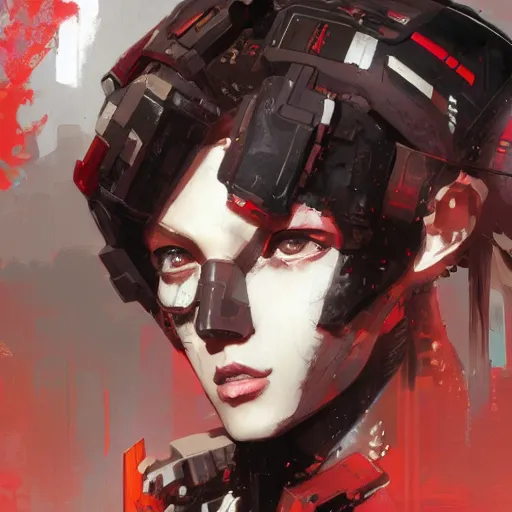 Prompt: highly detailed portrait of a stunning post-cyberpunk robotic young lady by Dustin Nguyen, Akihiko Yoshida, Greg Tocchini, Greg Rutkowski, Cliff Chiang, 4k resolution, persona 5 inspired, vibrant red ,brown, white and black color scheme with stray wiring