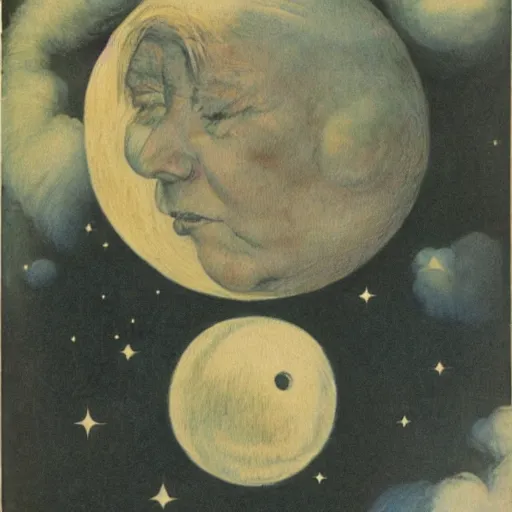 Image similar to celestial smiling moon candid portrait, surrounded by clouds, illustrated by peggy fortnum and beatrix potter and sir john tenniel