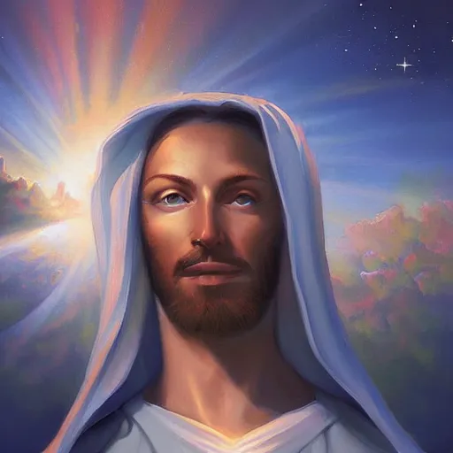 Prompt: a painting of Lindsay Sterling as the Messiah by Ross Tran, Bruce Timm and Vladimir Kush, highly detailed digital art, holy aura, serene expression