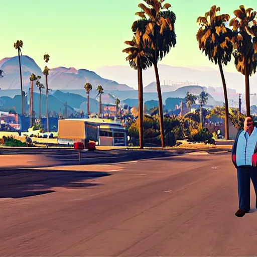 Image similar to John Candy in GTA V. Los Santos in the background, palm trees. In the art style of Stephen Bliss