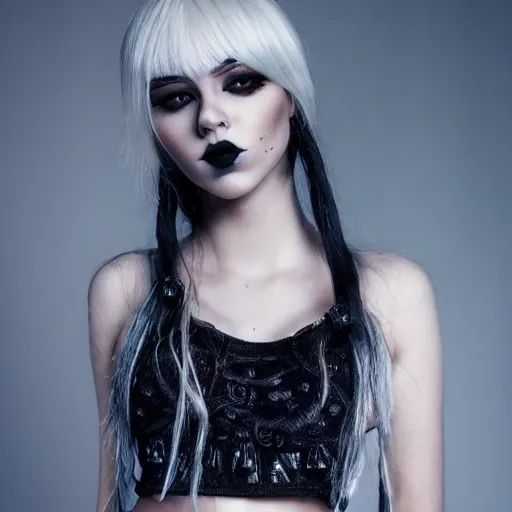 Image similar to kerli koiv model goth girl in mini skirt and crop top intricate, extremely detailed, photograph, photorealistic, 8 k sensual lighting, incredible art, l