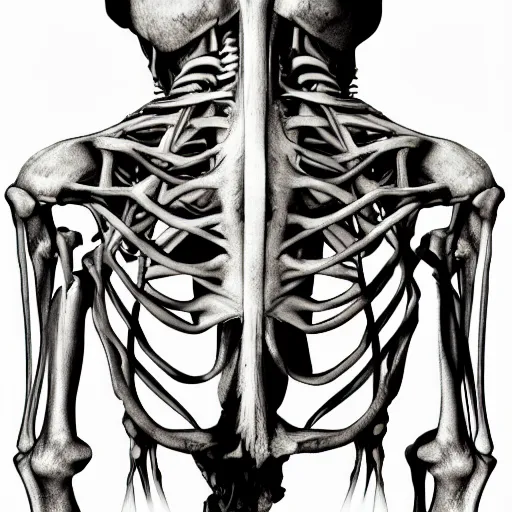 Prompt: Human skeleton absorbed into a tree, detailed, digital art