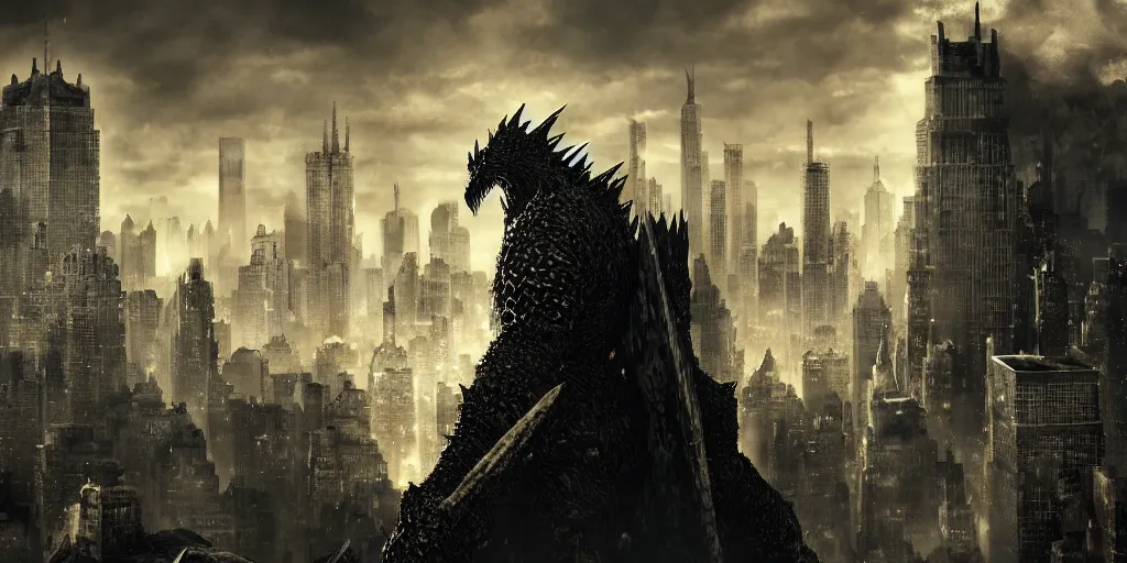 Prompt: Kaiju towering above New York, dark souls concept art, dramatic lighting, highly stylized, high-quality wallpaper, desktopography