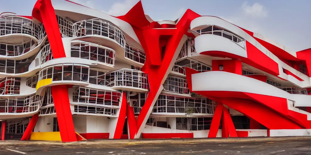 Image similar to extremely beautiful architecture photo of a red black yellow and white building complex in lagos nigeria in the style of rem koolhaas and virgil abloh, zaha hadid, postmodern, clean, the structure is angular and geometric, beautiful, award winning architecture, extremely beautiful lighting, cinematic composition, modern, render, architectural, architecture, realistic, clear