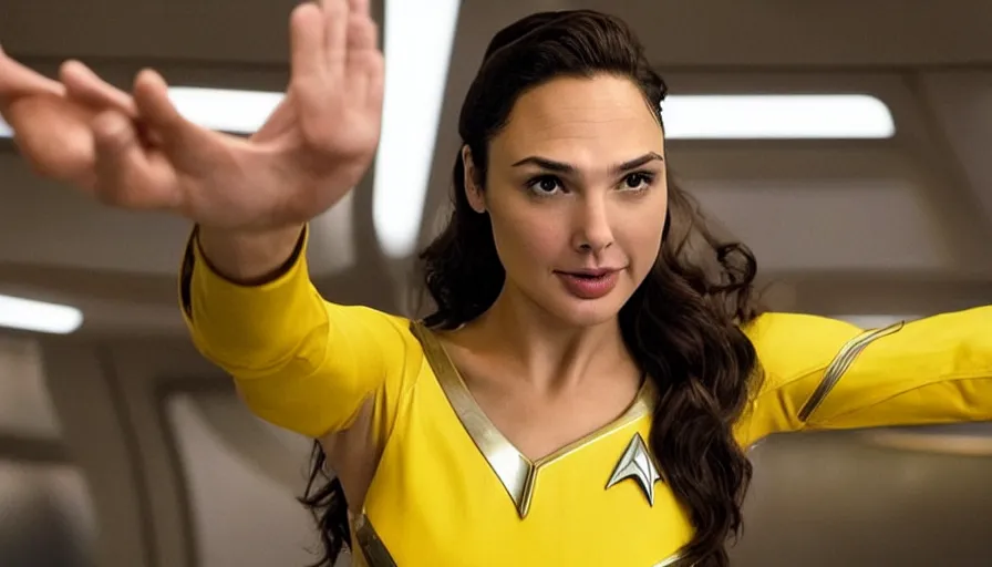 Image similar to Gal Gadot, wearing yellow, is the captain of the starship Enterprise in the new Star Trek movie