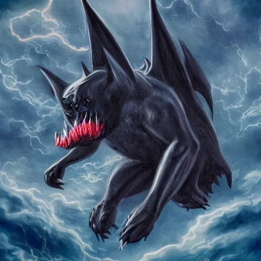 Image similar to detailed full body of scary giant mutant dark blue humanoid anthropomorphic bat, glowing red eyes flying above a stormy ocean, sharp teeth, acid leaking from mouth, realistic, giant, bat ears, bat nose, bat claws, bat wings, furred, covered in soft fur, detailed, 85mm f/1.4