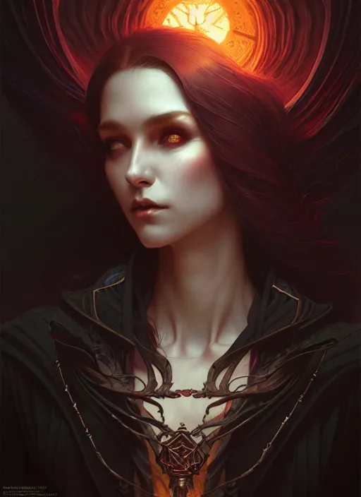 Image similar to Necromancer Sorceress, fantasy magic, undercut hairstyle, dark light night, intricate, elegant, sharp focus, illustration, highly detailed, digital painting, concept art, matte, art by WLOP and Artgerm and Greg Rutkowski and Alphonse Mucha, masterpiece