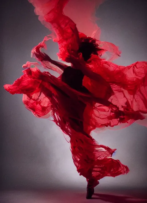 Image similar to a Photorealistic dramatic hyperrealistic render of a glamorous beautiful Lovecraftian monster smoke dancer wearing red by Ken Brower and Deborah Ory of NYC Dance project,Lois Greenfield,Flowing cloth and smoke,Beautiful dynamic dramatic dark moody lighting,volumetric,shadows,cinematic atmosphere,Octane render,8K