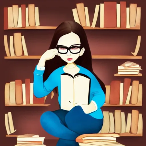 Prompt: a woman with brown hair and glasses sitting on a tall pile of books, reading a book. cel shaded watercolor painting, beautiful cartoon art with highly detailed face.