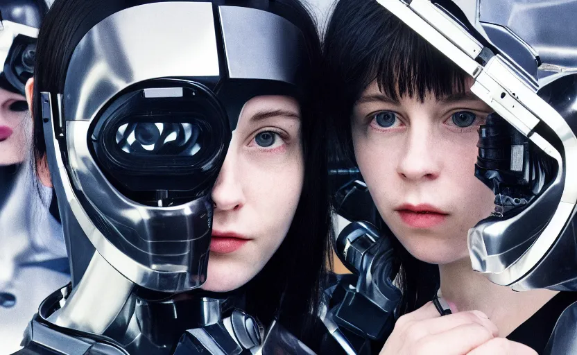 Image similar to cinestill 5 0 d photographic portrait by helen levitt of two loving female cyborgs wearing black techwear in a retrofuturist liminal office, extreme closeup, modern cyberpunk, garden terraces, 8 k, hd, high resolution, 3 5 mm, f / 3 2, ultra realistic faces, intricate detail, ex machina