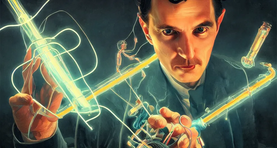 Prompt: nikolai tesla is caressed by bolts of electricity as he holds a vacuum tube, digital art, intricate, dramatic lighting, neon colors, cinematic, holographic runes, art by artgerm, greg rutkowski, rolf armstrong