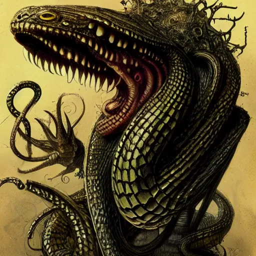 Image similar to a snake oil salesman that is also a grinning anthropomorphic snake, dave mckean, hr giger, peter mohrbacher, wayne barlowe