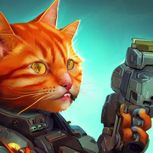 Prompt: ginger cat as overwatch character, digital illustration portrait design, by android jones and greg rutkowski, retrowave color scheme, detailed, cinematic lighting, wide angle action dynamic portrait