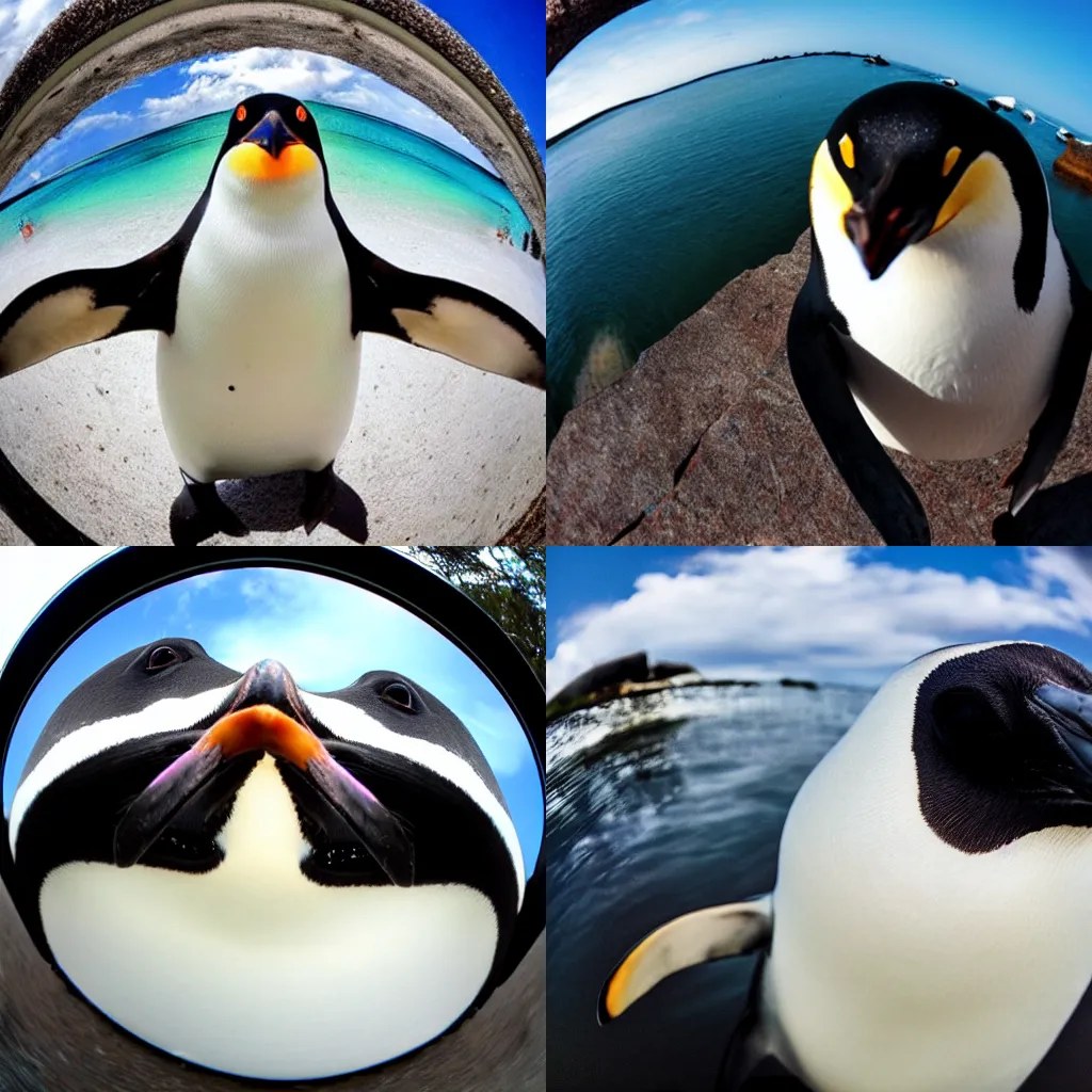 Prompt: fisheye lens selfie of a penguin