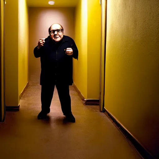 Image similar to danny devito in the backrooms, liminal space, scary, yellow, cinematic camera
