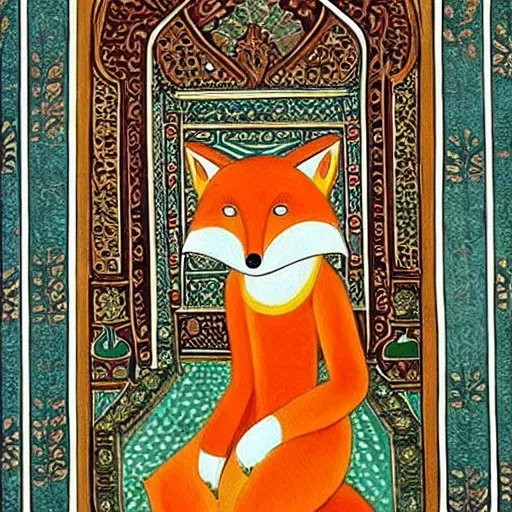 Prompt: An anthropomorphic fox in a silk robe sitting inside a lavish mosque, beautiful painting