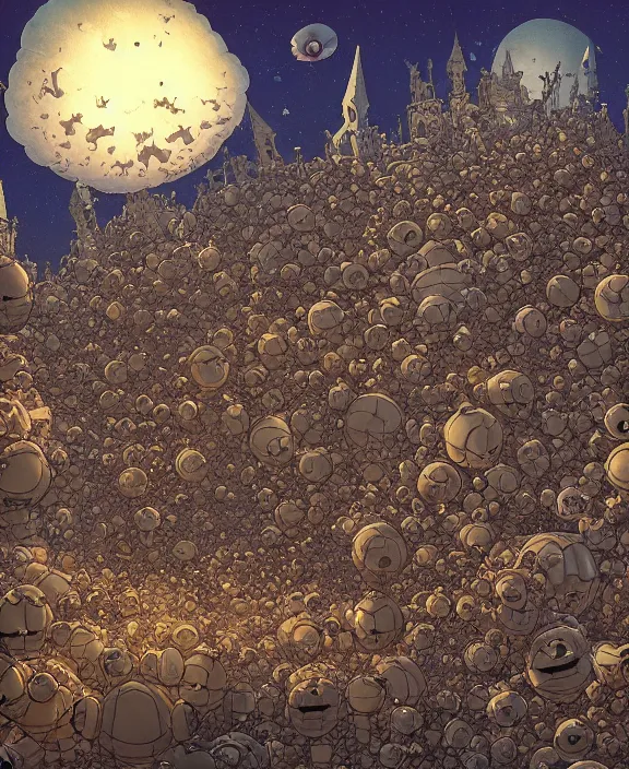 Image similar to inflated cathedral made from obese urchin mollusks, in the style of a puffy spaceship, skeletons, bones, partly cloudy, spooky, dramatic lighting, by geof darrow, bill sienkiewicz, dan mumford, yusuke murata, makoto shinkai, ross tran, cinematic, unreal engine, cel shaded, featured on artstation, pixiv