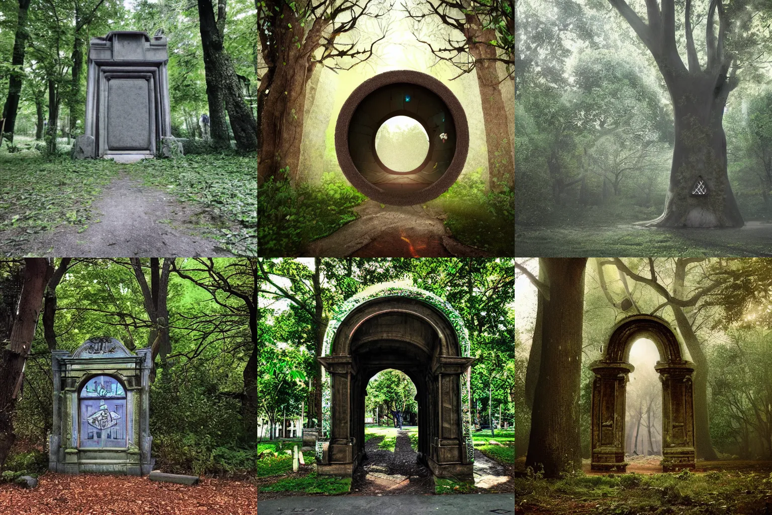 Prompt: a portal in the middle of a city that leads to a magical forest